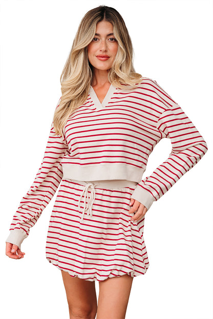 Red Stripe Cropped Collared Pullover and Bubble Mini Skirt