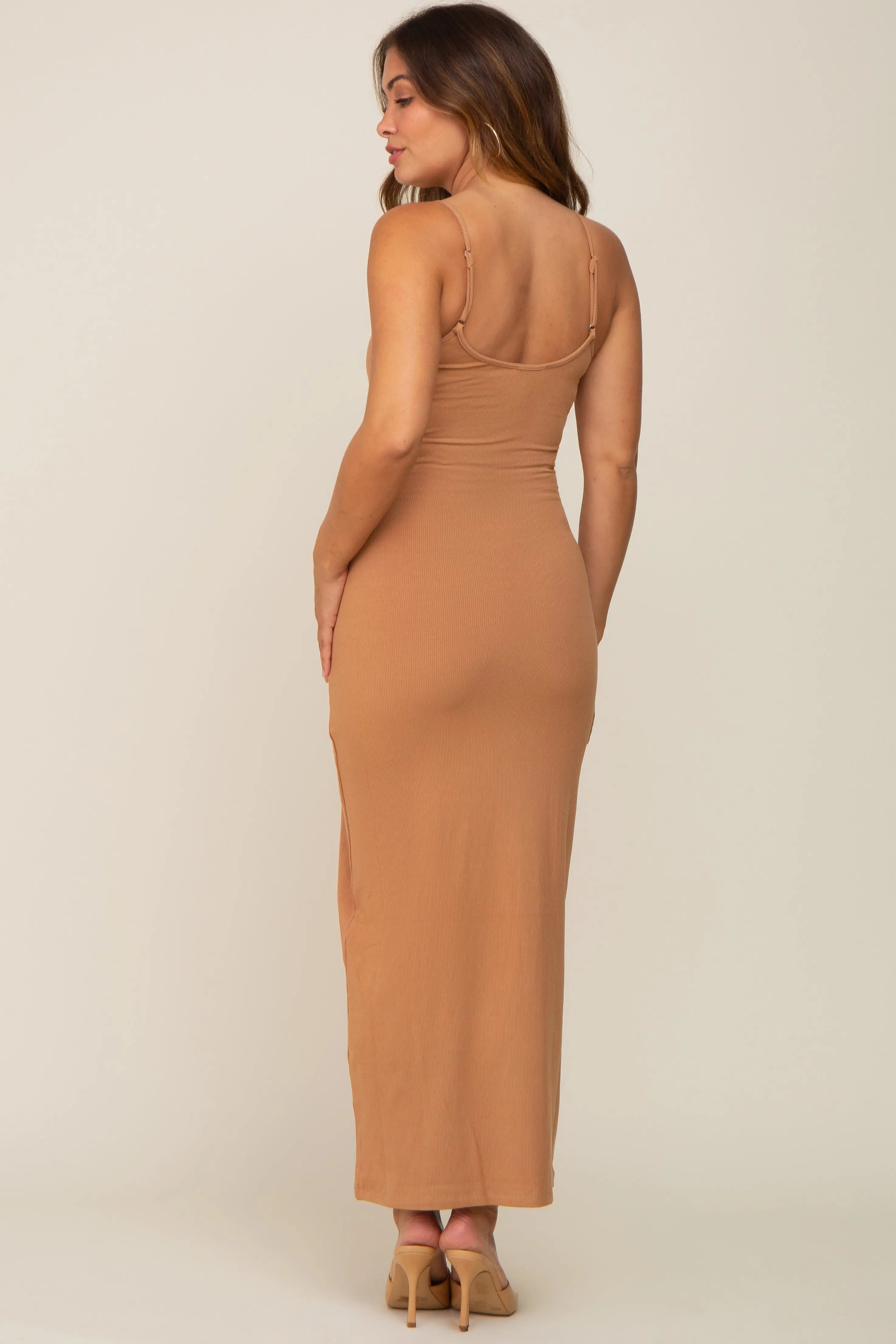 Camel Ribbed Basic Maternity Midi Dress PinkBlush