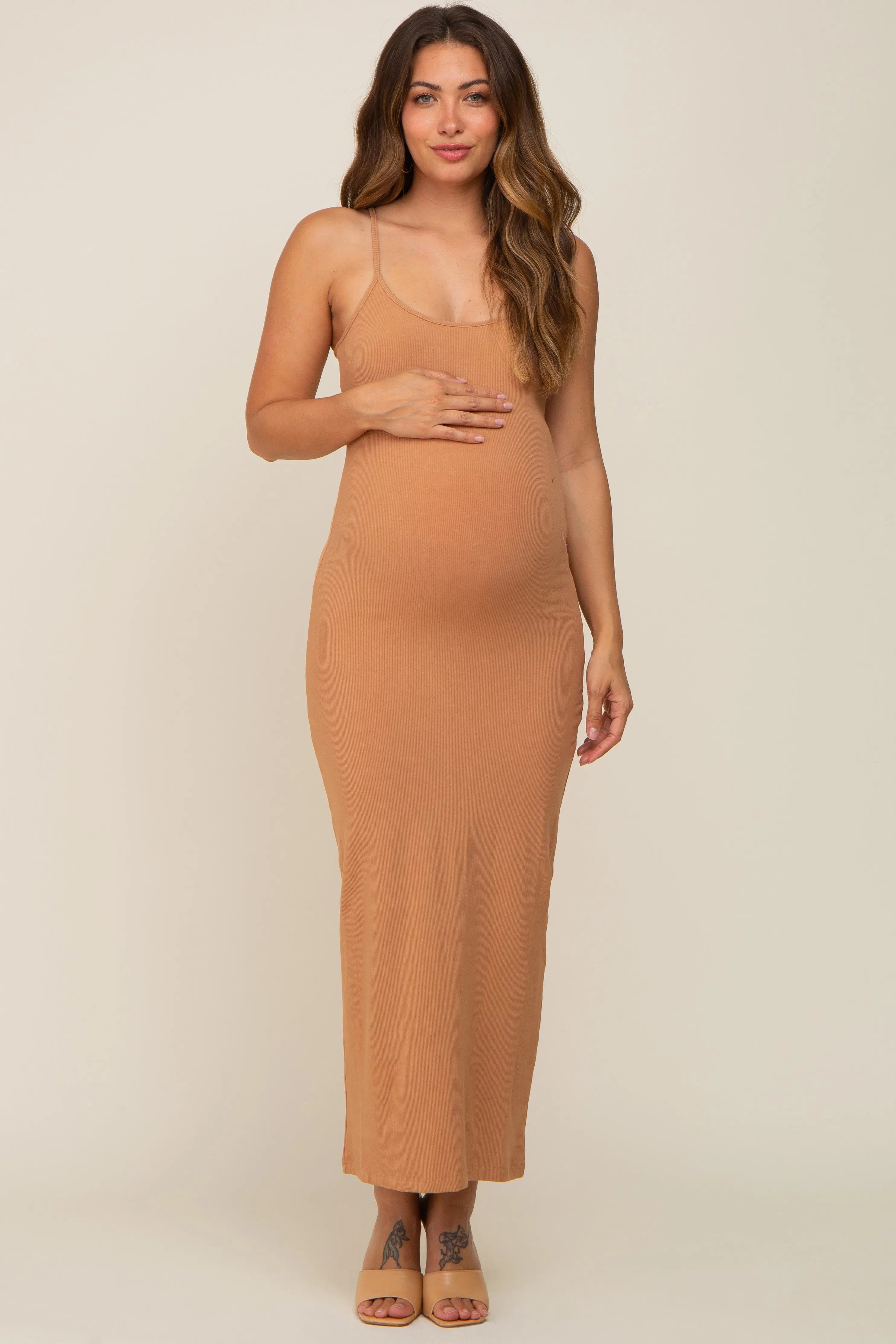 Camel Ribbed Basic Maternity Midi Dress PinkBlush