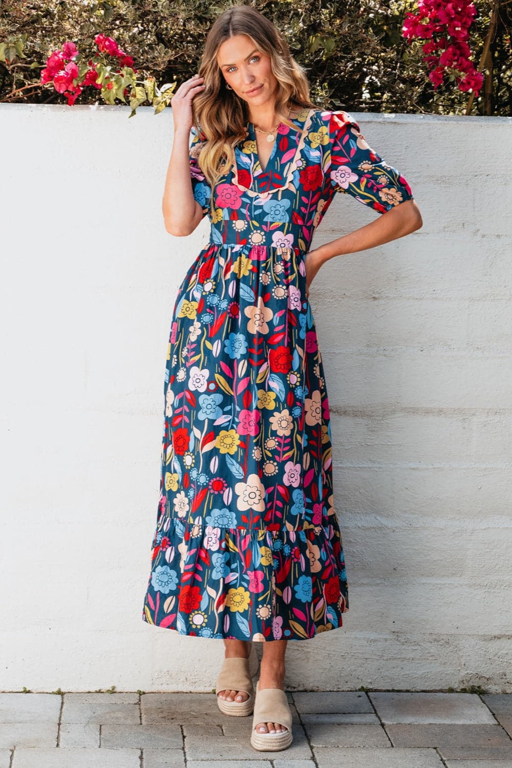 Printed Notched Puff Sleeve Midi Dress.