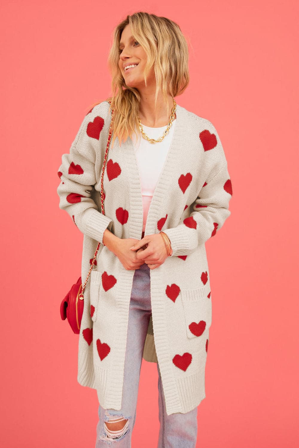 Heart Graphic Open Front Cardigan with Pockets.