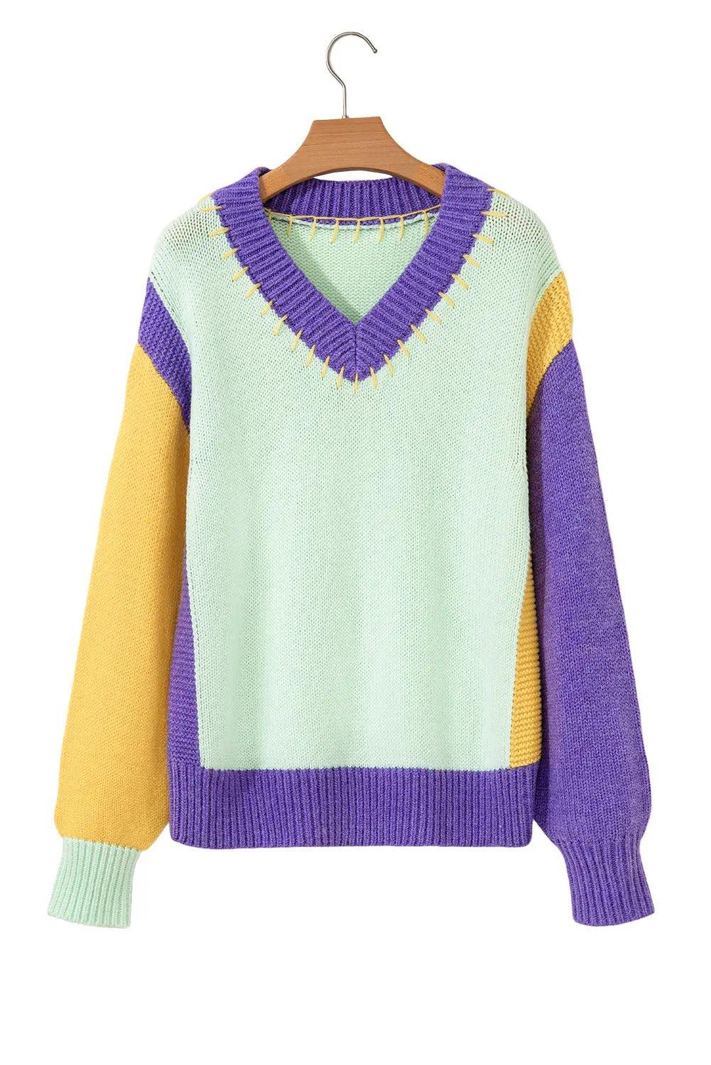 Premium Green Stitched V Neck Color Block Knitted Drop Shoulder Sweater Dear-Lover Dropshipping