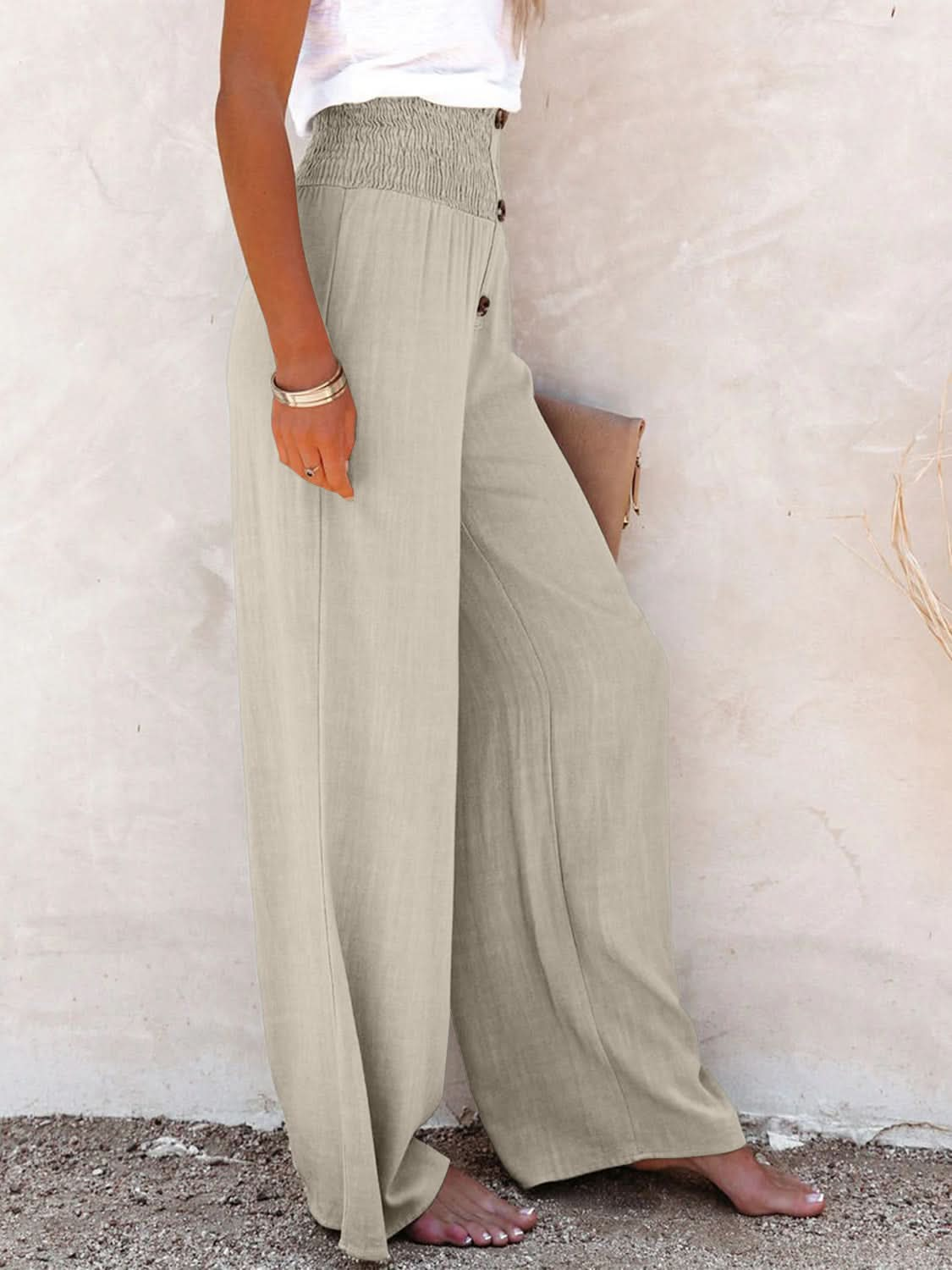 High-Waisted Decorative Button Trousers