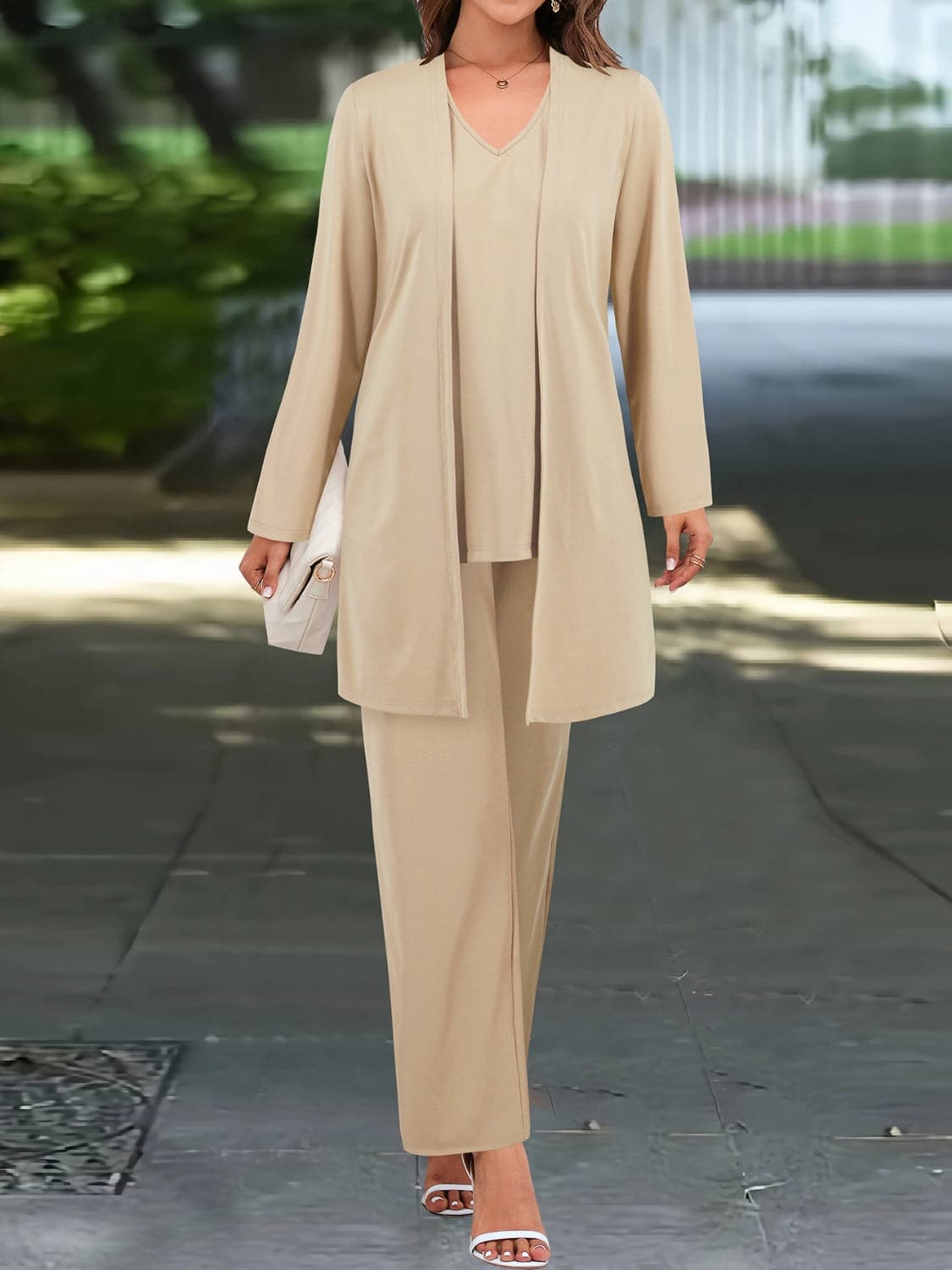 V-Neck Tank, Long Sleeve Cover-Up and Pants Three Piece Set.