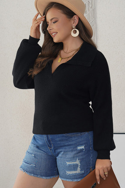 Curvy elegance: Black ribbed knit lapel sweater