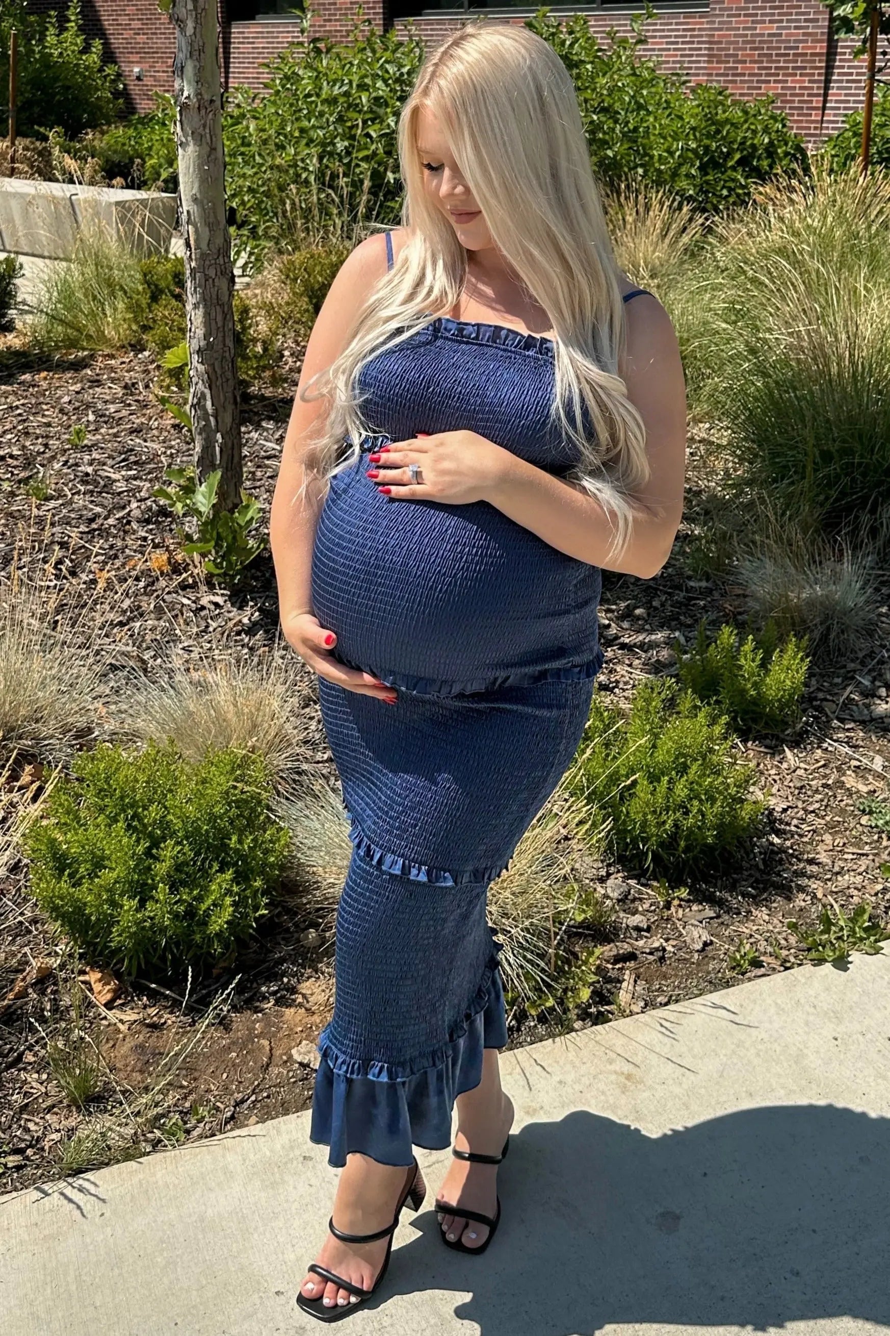 Blue Satin Smocked Fitted Maternity Maxi Dress PinkBlush