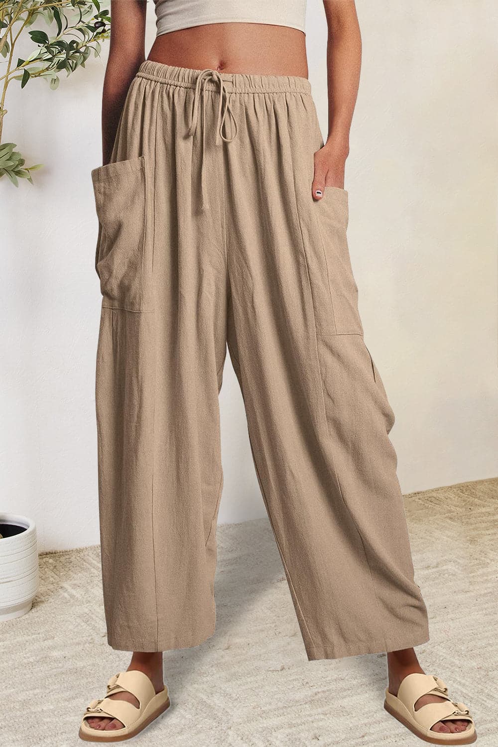 Full Size Pocketed Drawstring Wide Leg Pants.