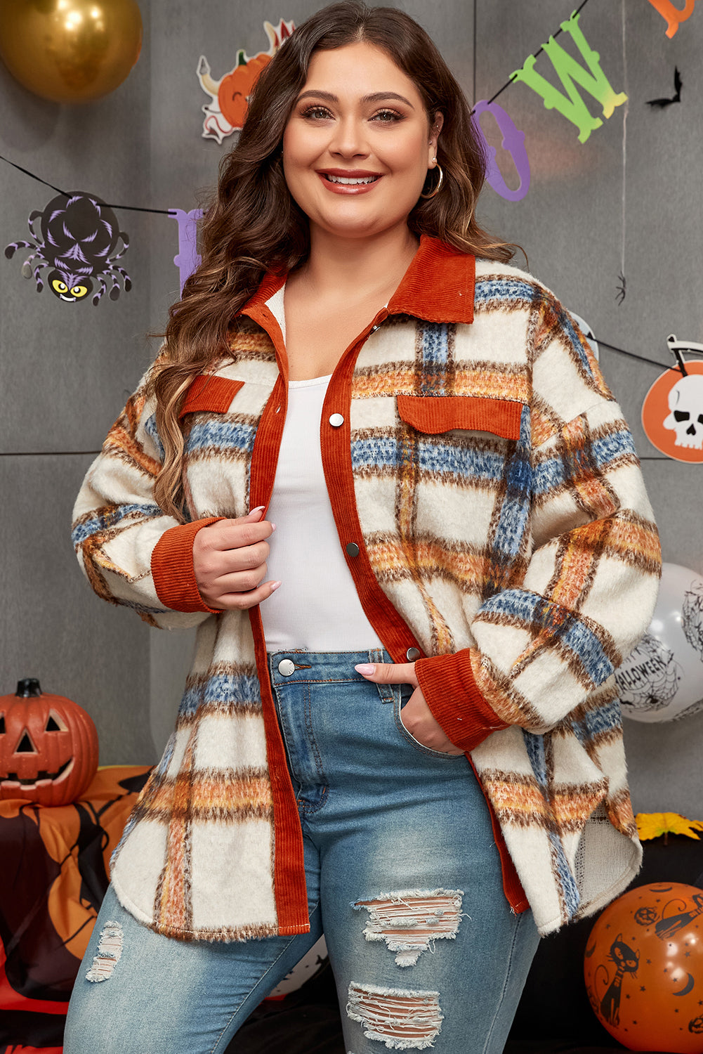 Brown stripe plus size plaid jacket