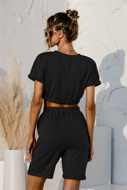 Short Sleeve Cropped Top and Drawstring Shorts Lounge Set.