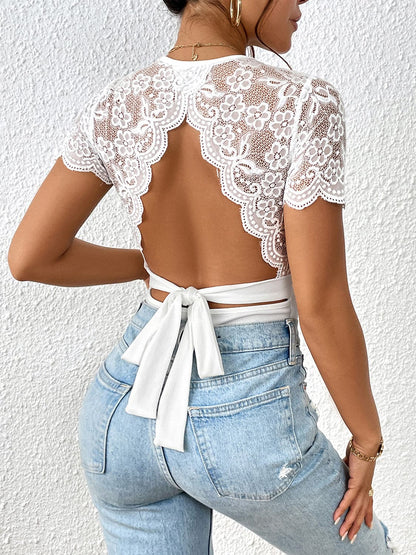 Lace Backless Round Neck Bodysuit.