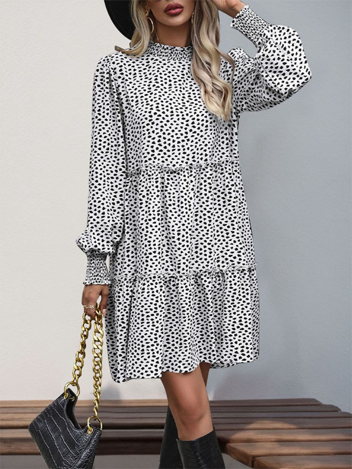 Frill Printed Mock Neck Long Sleeve Mini Dress.