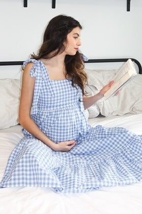 Blue Checkered Sleeveless Tiered Maternity Maxi Dress PinkBlush