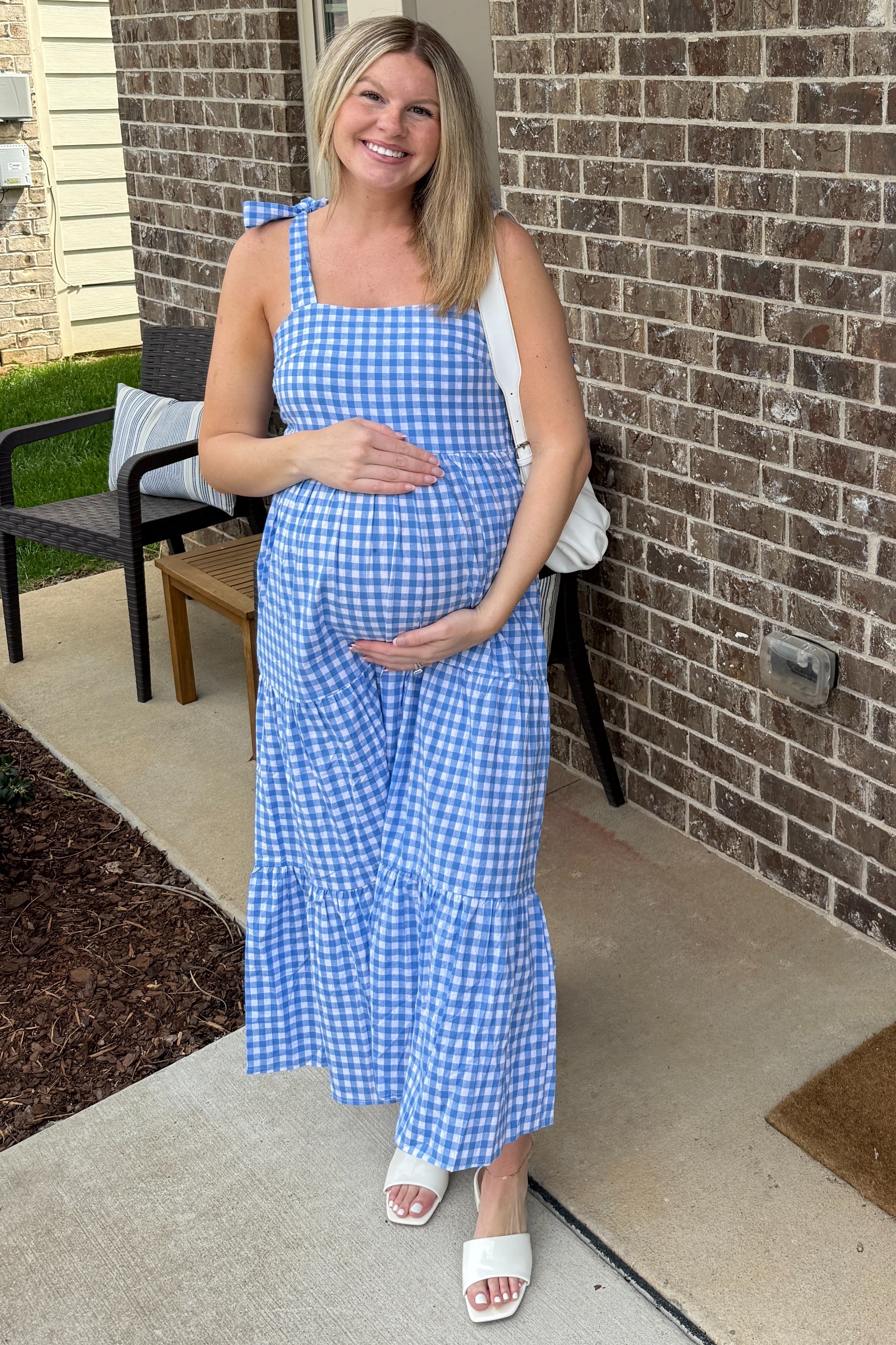 Blue Checkered Sleeveless Tiered Maternity Maxi Dress PinkBlush