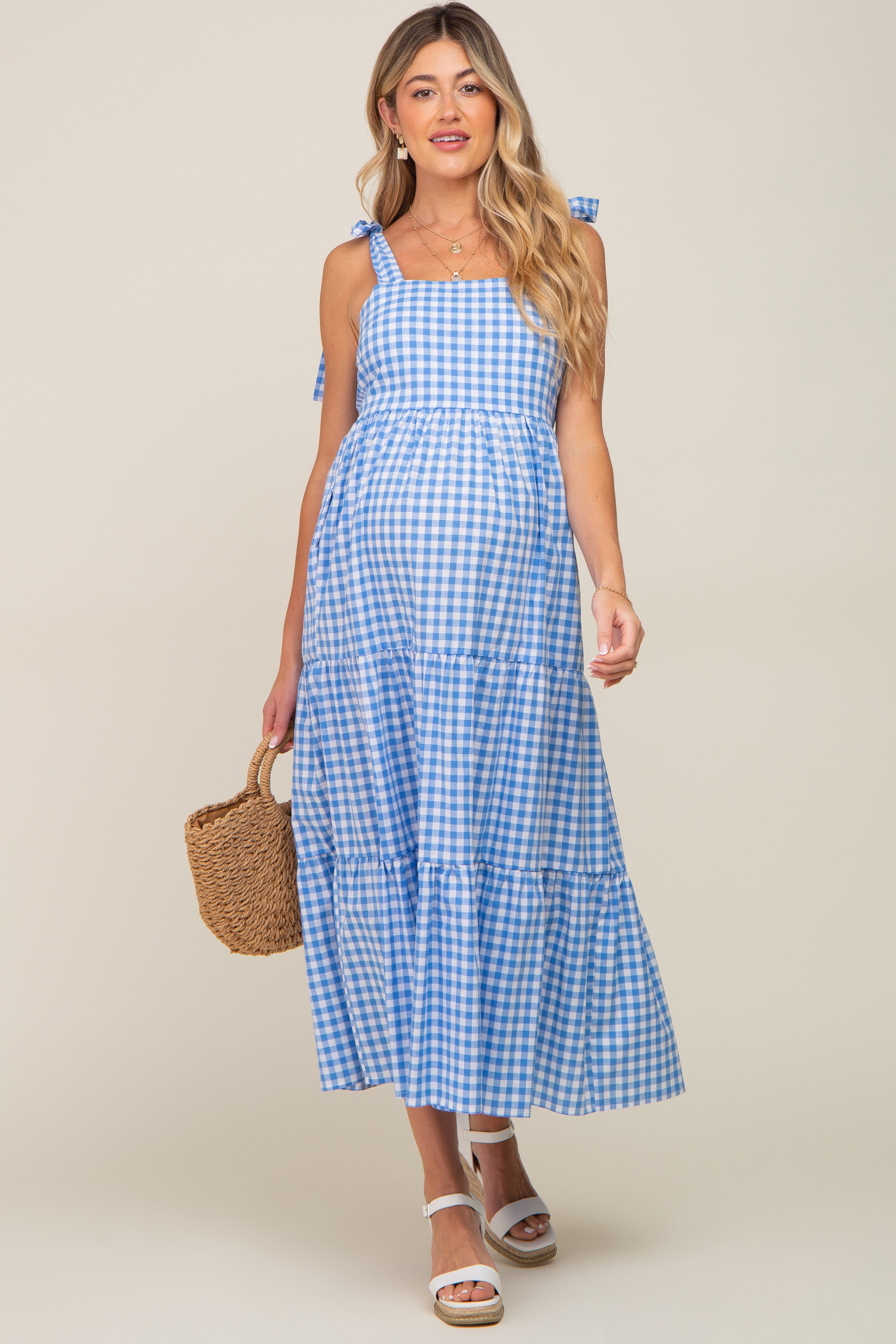 Blue Checkered Sleeveless Tiered Maternity Maxi Dress PinkBlush