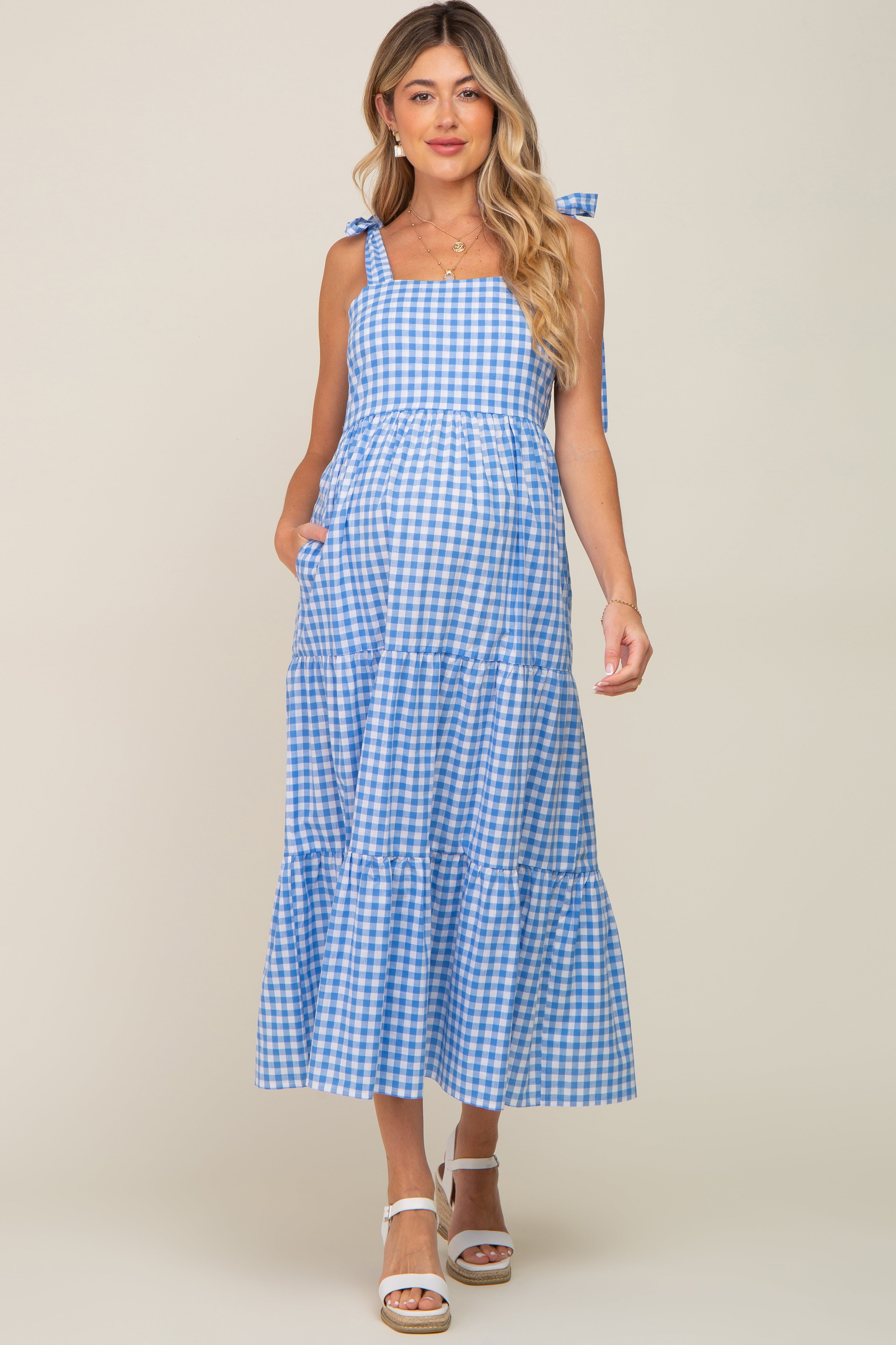 Blue Checkered Sleeveless Tiered Maternity Maxi Dress PinkBlush