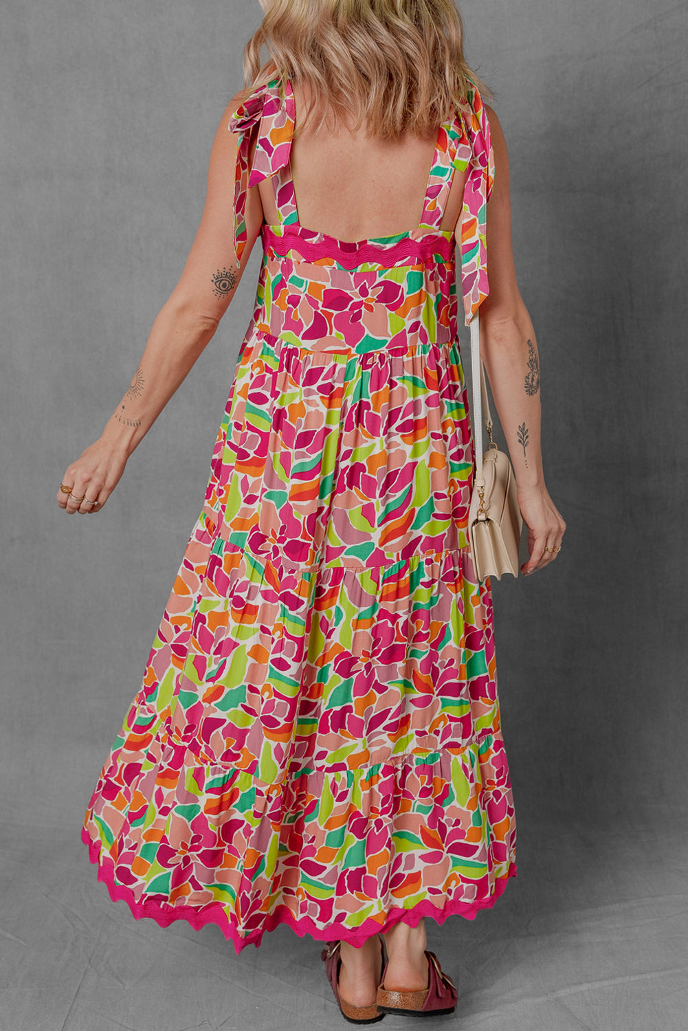 Multicolour Floral Tied Straps Ricrac Trim Maxi Dress for Women
