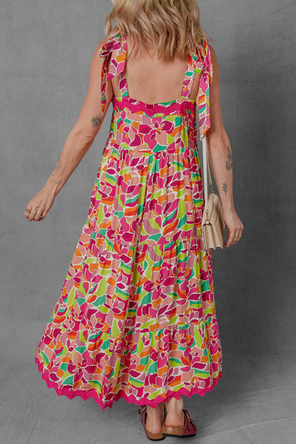 Multicolour Floral Tied Straps Ricrac Trim Maxi Dress for Women
