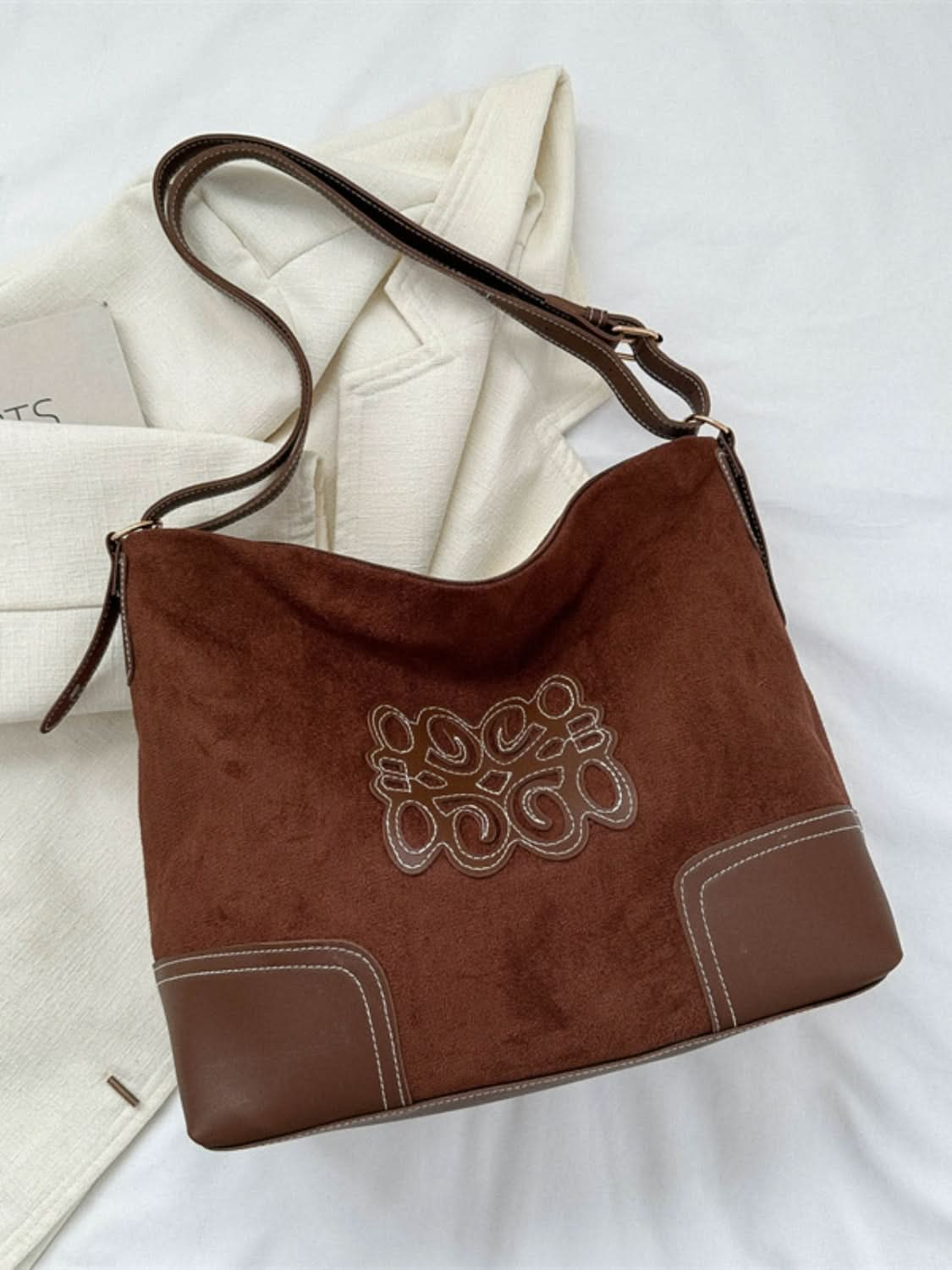 Chic suede patch tote with adjustable straps