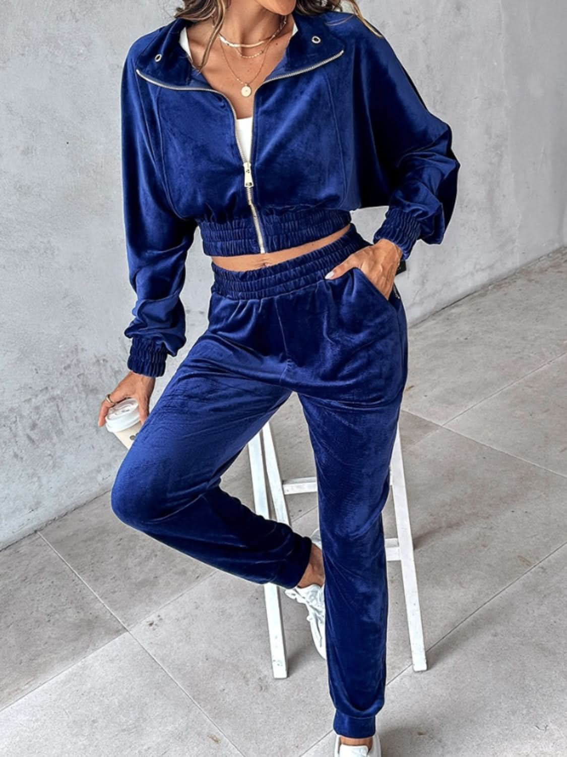 Cropped Zip-Up Long Sleeve Top and Jogger Set with Pockets