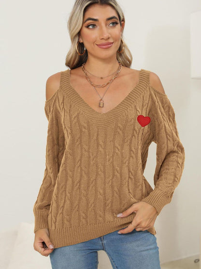 Cozy cable-knit heart v-neck sweater