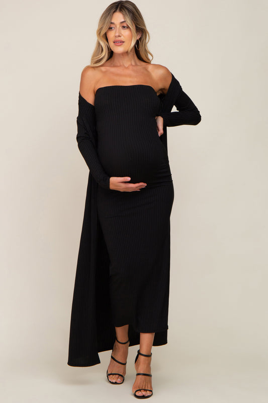 Black Ribbed Sleeveless Dress Cardigan Maternity Set PinkBlush