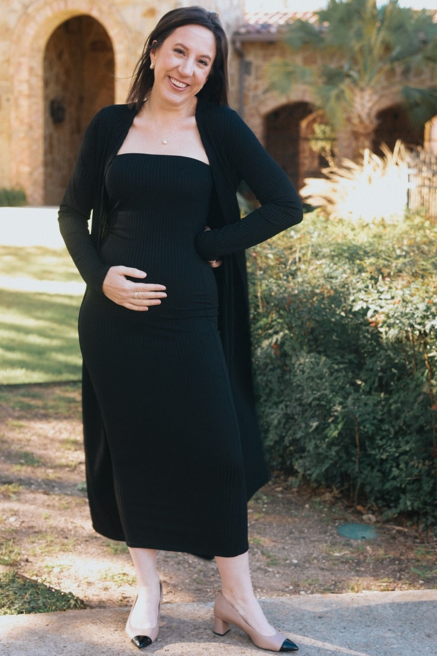 Black Ribbed Sleeveless Dress Cardigan Maternity Set PinkBlush
