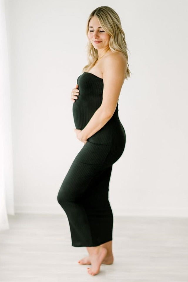 Black Ribbed Sleeveless Dress Cardigan Maternity Set PinkBlush