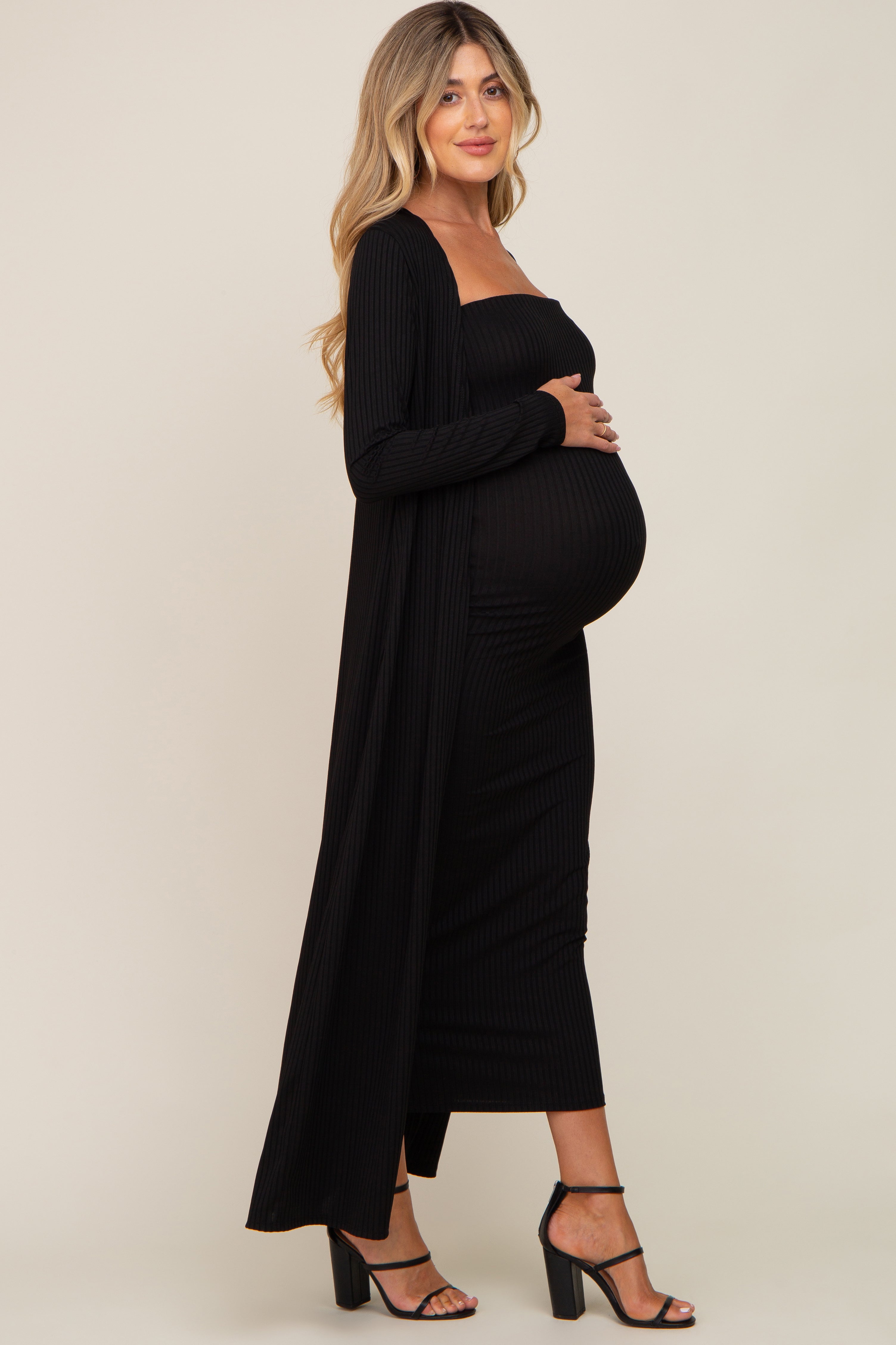 Black Ribbed Sleeveless Dress Cardigan Maternity Set PinkBlush