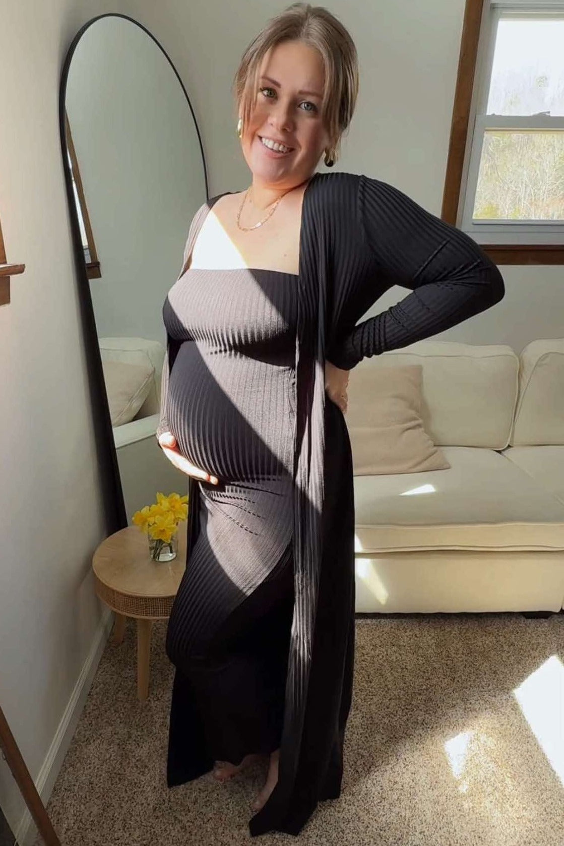 Black Ribbed Sleeveless Dress Cardigan Maternity Set PinkBlush