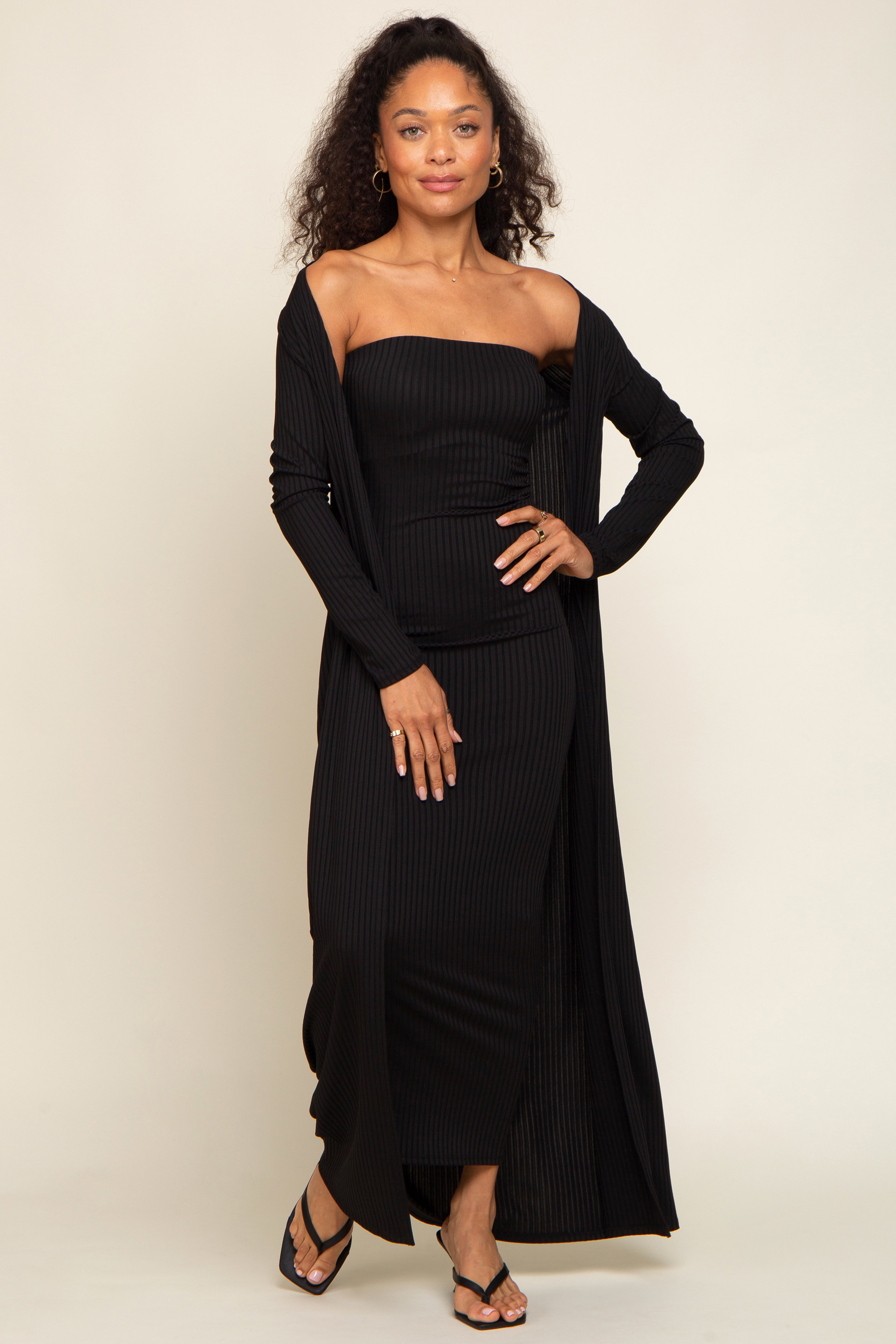 Black Ribbed Sleeveless Dress Cardigan Maternity Set PinkBlush