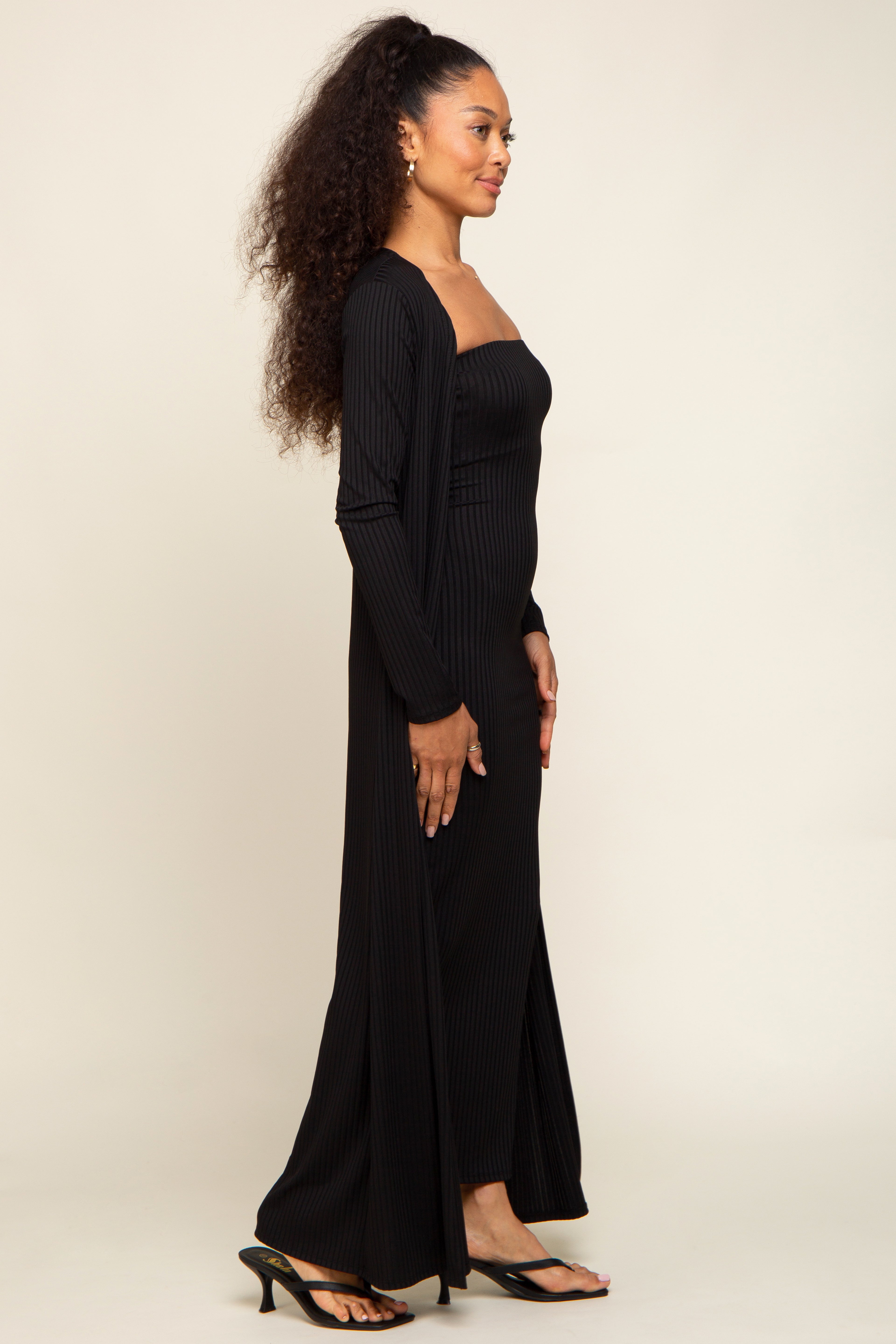 Black Ribbed Sleeveless Dress Cardigan Set PinkBlush