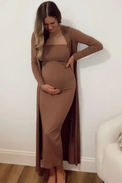 Mocha Ribbed Maternity Dress Cardigan Set During Pregnancy PinkBlush