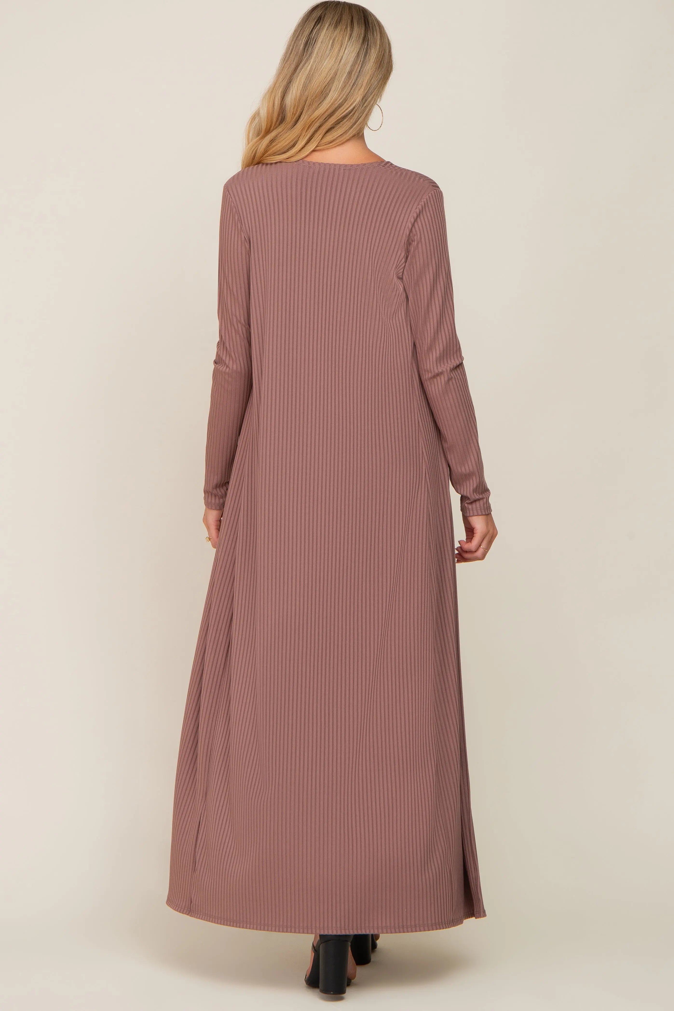 Mocha Ribbed Maternity Dress Cardigan Set During Pregnancy PinkBlush