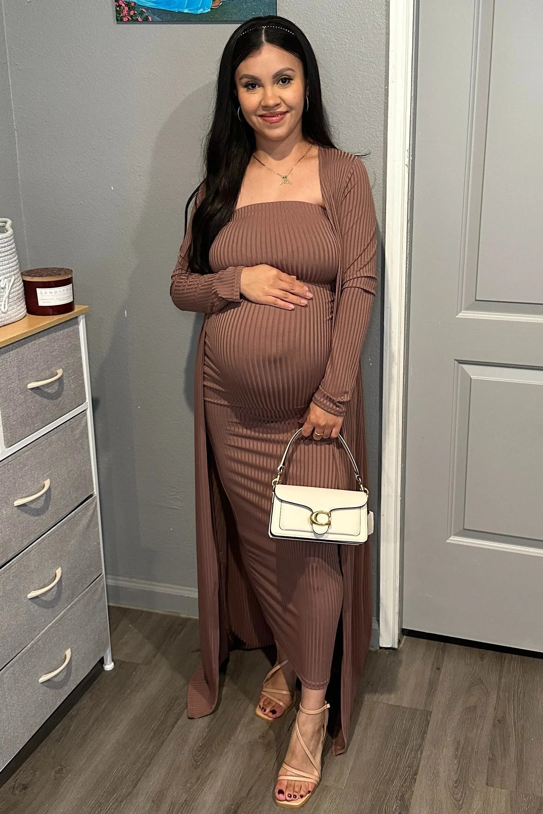 Mocha Ribbed Maternity Dress Cardigan Set During Pregnancy PinkBlush