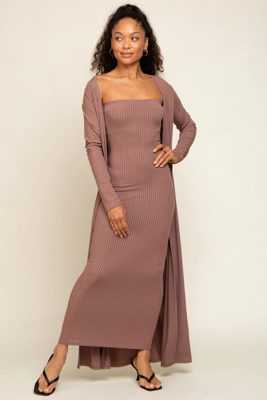 Mocha Ribbed Sleeveless Dress Cardigan Set PinkBlush