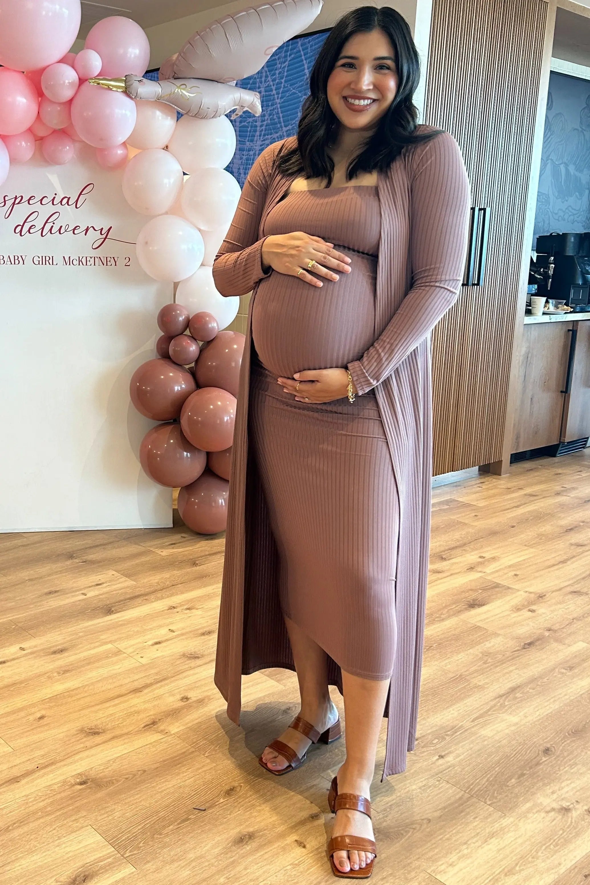 Mocha Ribbed Maternity Dress Cardigan Set During Pregnancy PinkBlush