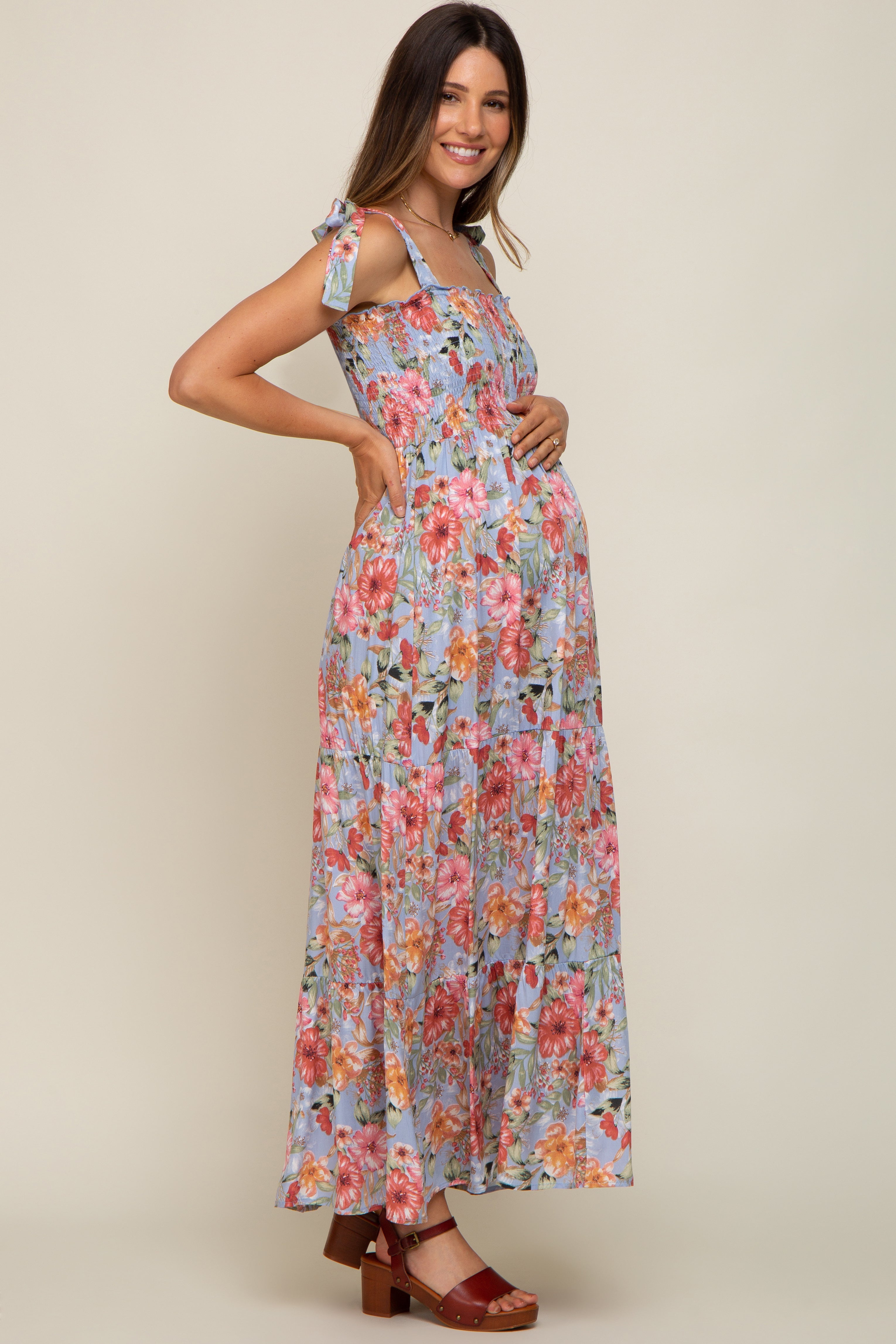 PinkBlush Light Blue Floral Smocked Shoulder Tie Tiered Maternity Maxi Dress - Alternate Angle