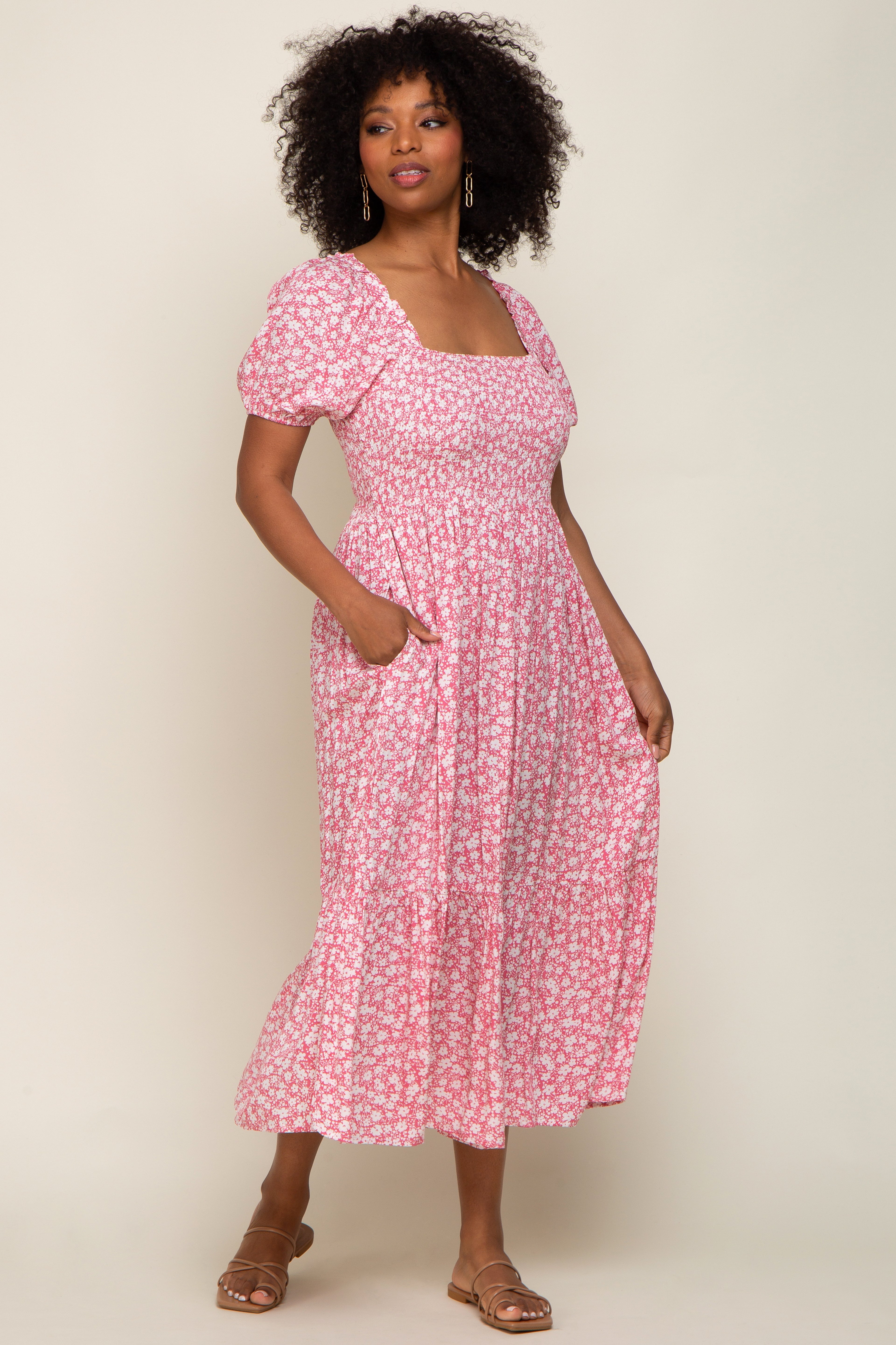 PinkBlush Pink Floral Smocked Short Sleeve Maternity Midi Dress - Side View