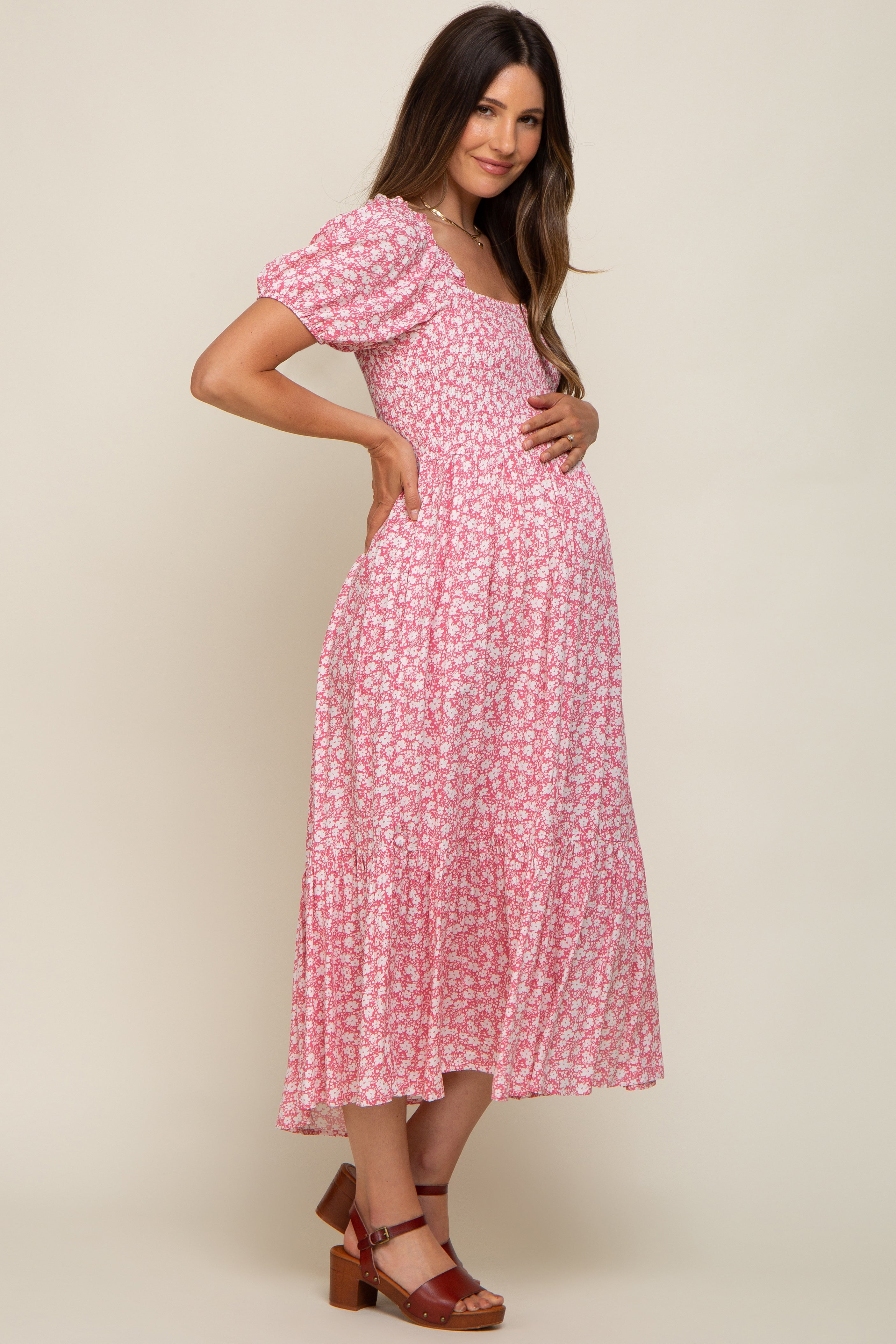 PinkBlush Pink Floral Smocked Short Sleeve Maternity Midi Dress - Alternate Angle