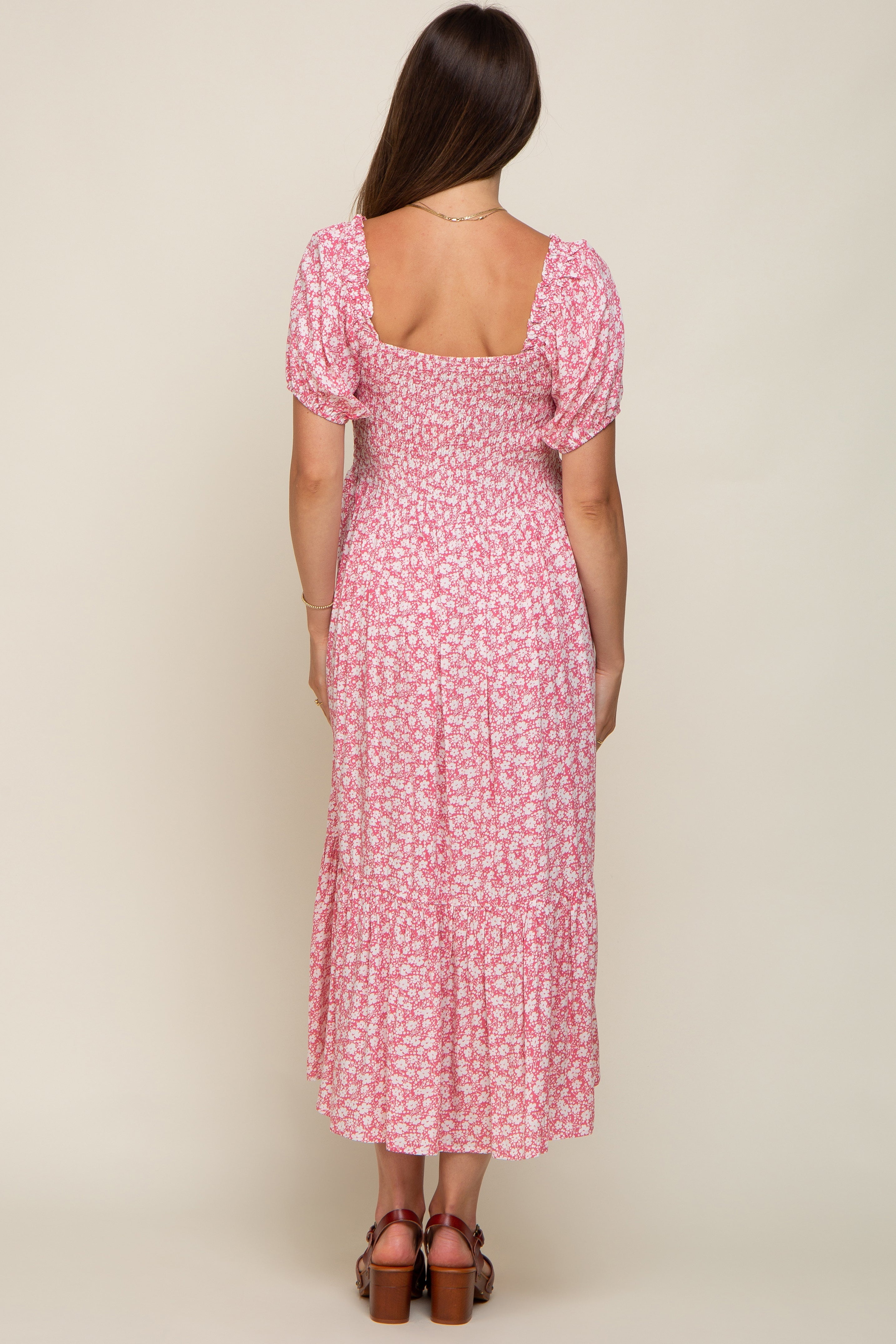 PinkBlush Pink Floral Smocked Short Sleeve Maternity Midi Dress - Detail View