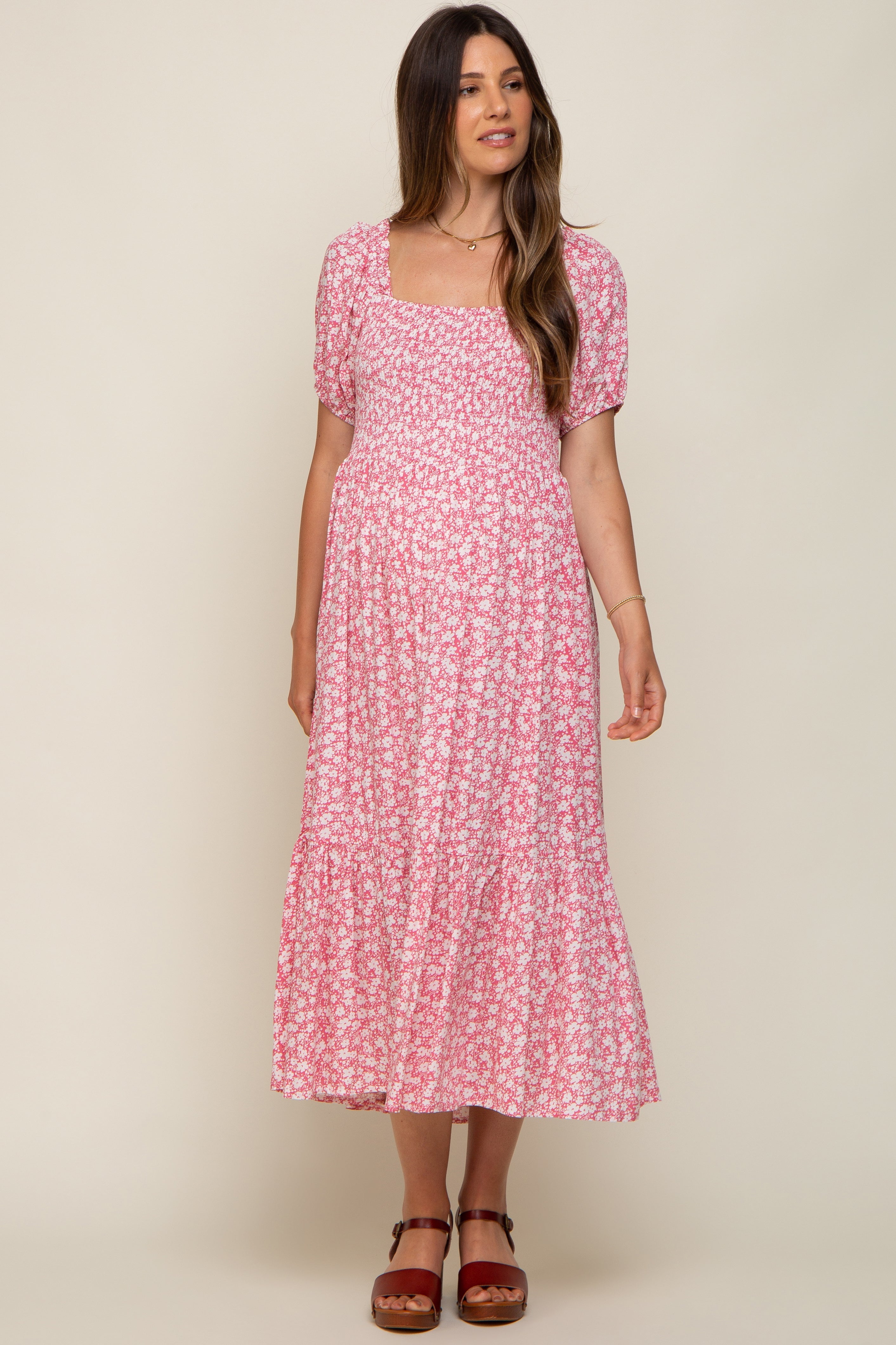 PinkBlush Pink Floral Smocked Short Sleeve Maternity Midi Dress - Full View