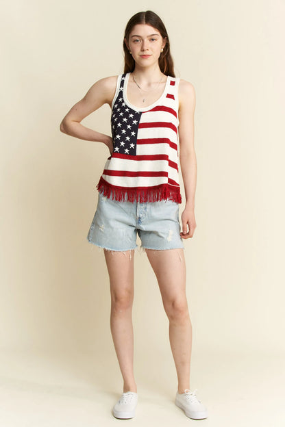 Jade By Jane Full Size American Flag Fringe Tank Top Plus Size - Love Salve 