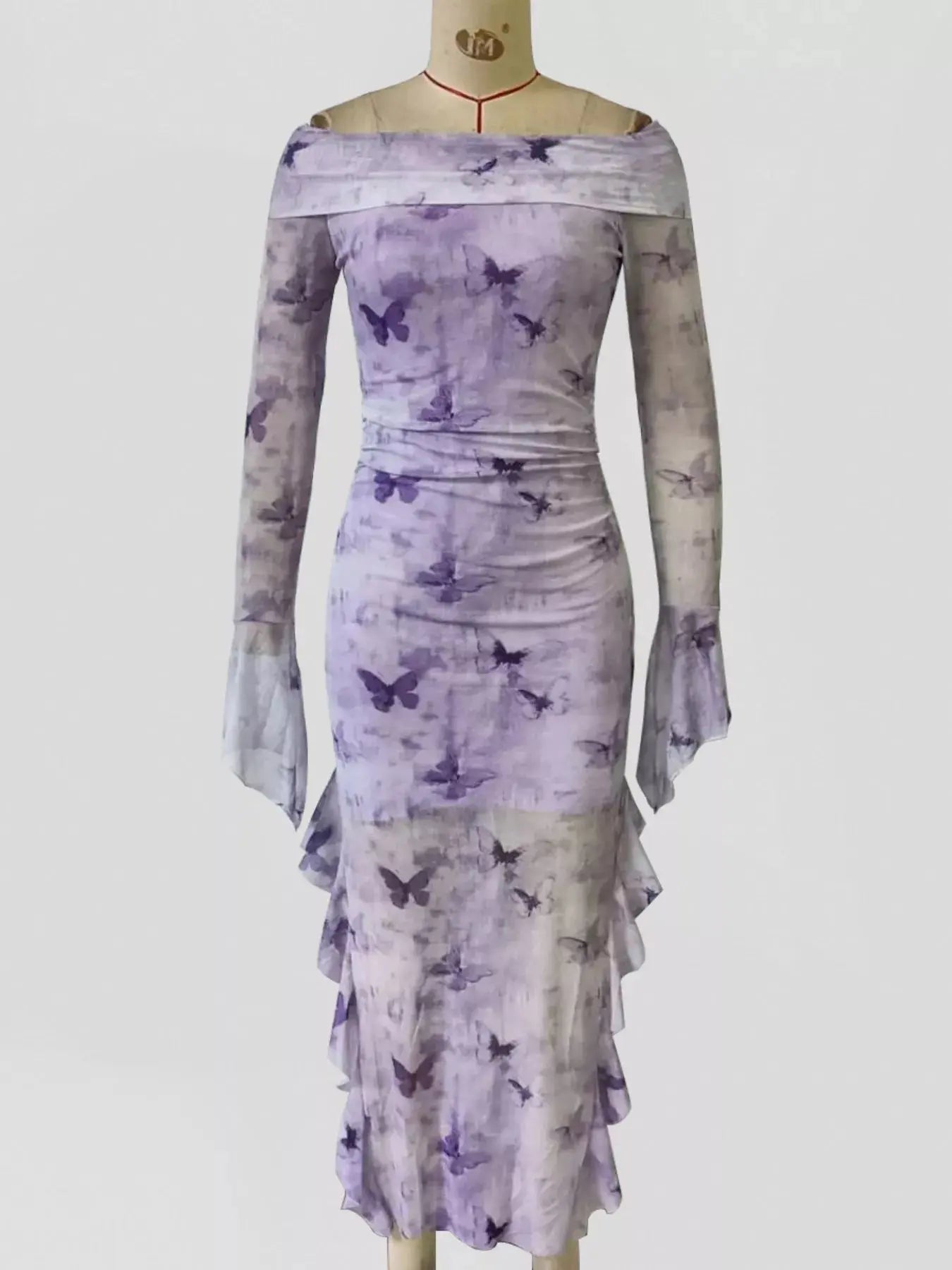 Butterfly Print Off-Shoulder Mesh Mermaid Dress Simply Love