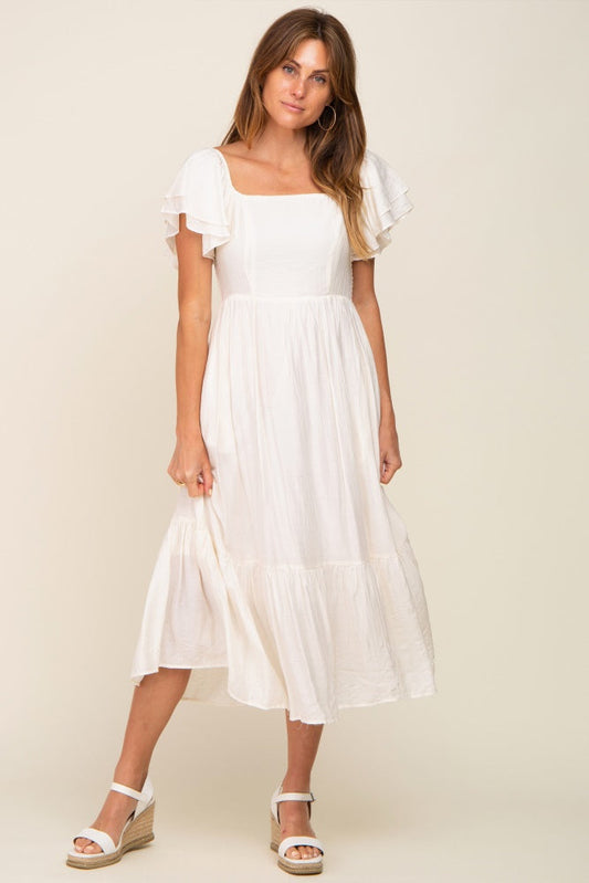 Cream Flutter Sleeve Midi Dress PinkBlush