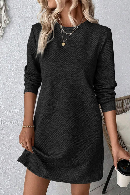 Textured long sleeve mini dress with round neck