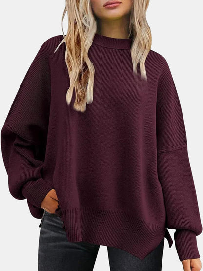 Round Neck Drop Shoulder Slit Sweater.