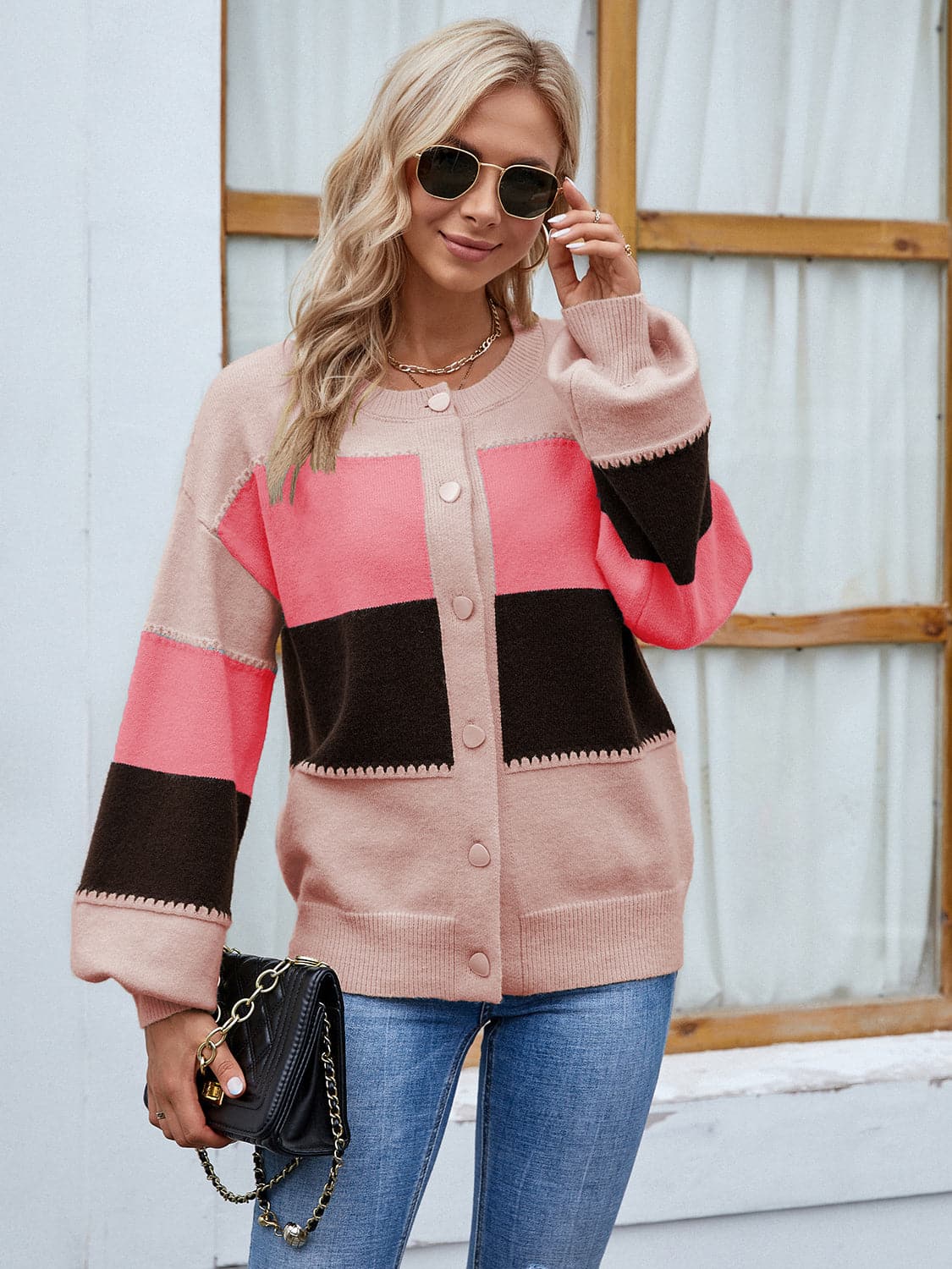 Color Block Button Up Lantern Sleeve Cardigan.