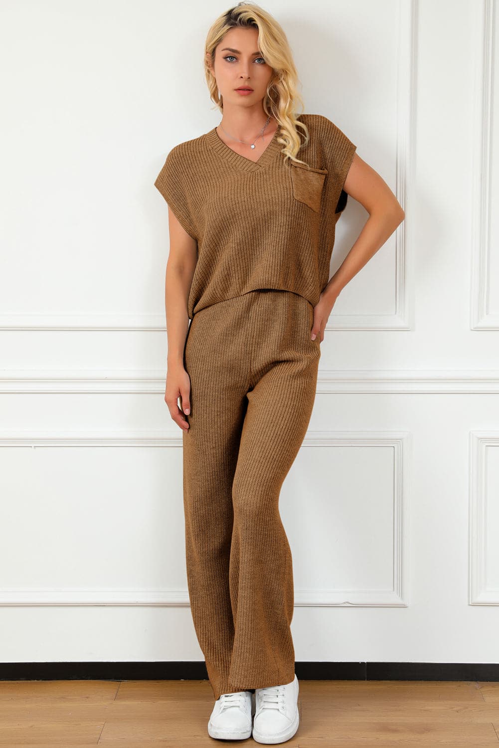 Pocketed V-Neck Top and Wide Leg Sweater Set.