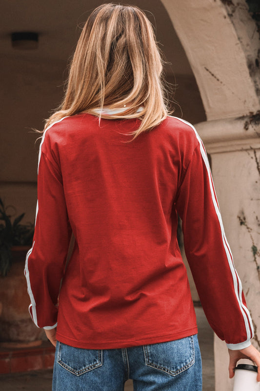 Fiery Red Varsity Striped Accent Contrast Crew Neck Long Sleeve T Shirt Dear-Lover Dropshipping