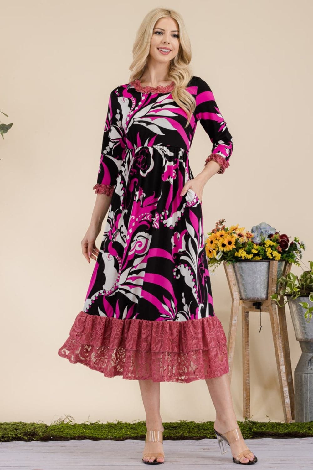 Celeste Full Size Paisley Print Lace Ruffled Midi Dress.